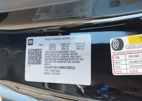 2022 Chevrolet Camaro Rwd 1Ss z USA, uszkodzony, nr VIN 1G1FF3D74N0130011